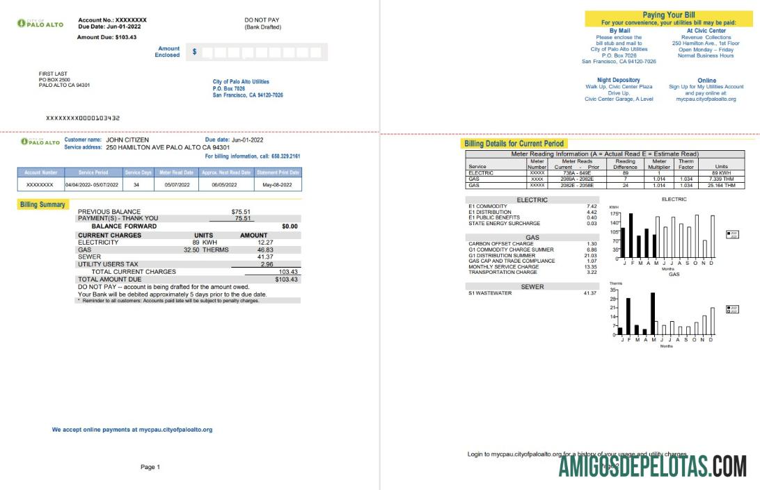 Para baxiar Conta de serviços públicos dos EUA, Califórnia, Palo Alto, modelo Word e PDF, 2 páginas